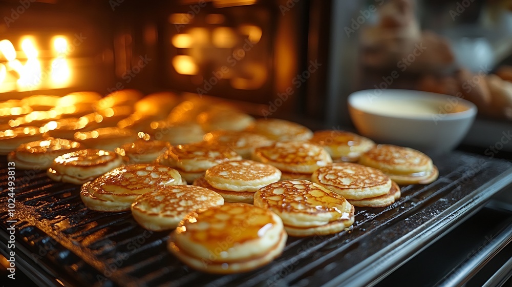 Oven a batch of fluffy buttermilk pancakes on a griddle and a bowl of buttermilk and syrup nearby Oven a batch of fluffy buttermilk pancakes on a griddle and a bowl of buttermilk and syrup nearby
