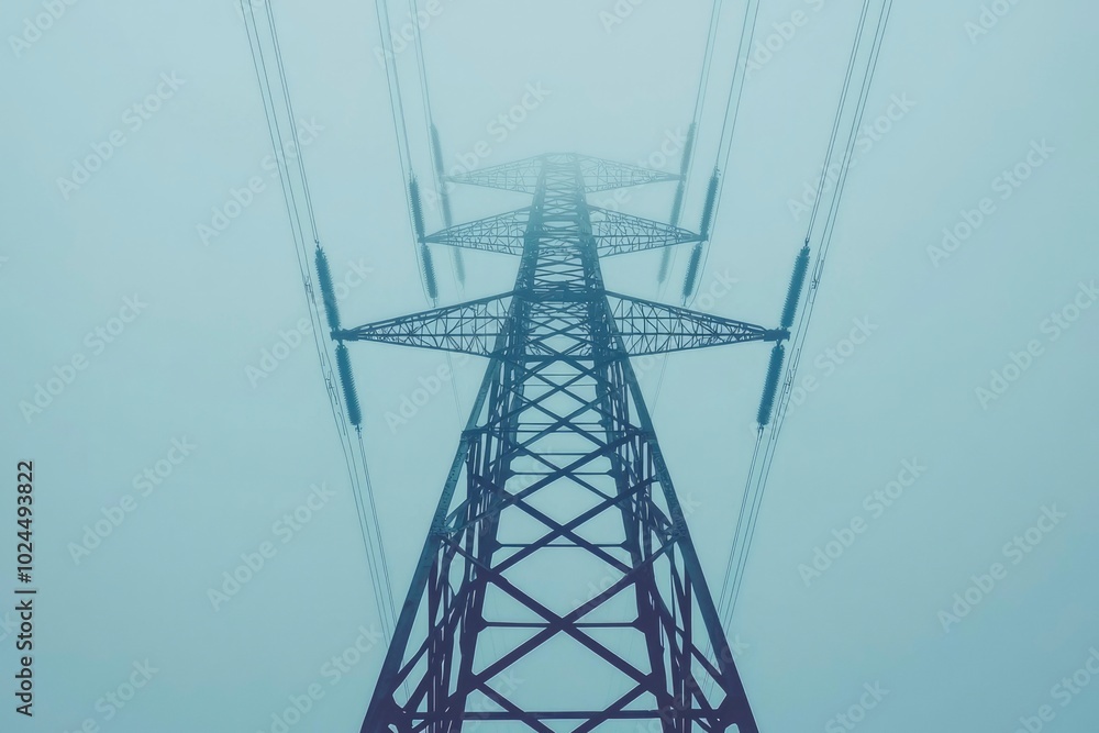 A Tall Steel Power Line Tower Disappears into Fog A Tall Steel Power Line Tower Disappears into Fog