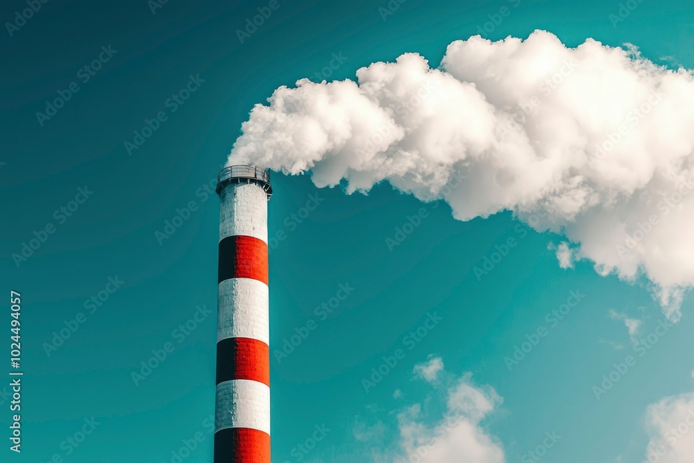 Red and White Striped Chimney Emitting Smoke into a Blue Sky