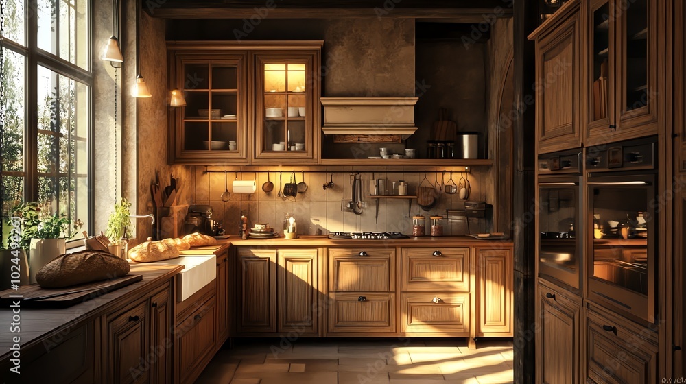 A rustic kitchen with wooden cabinets, a farmhouse sink, and a large window overlooking a garden. A rustic kitchen with wooden cabinets, a farmhouse sink, and a large window overlooking a garden.
