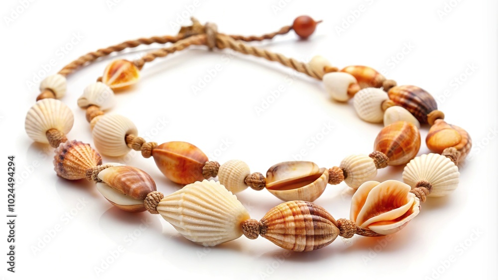 Macro seashell necklace with natural shells and string isolated on white background Macro seashell necklace with natural shells and string isolated on white background