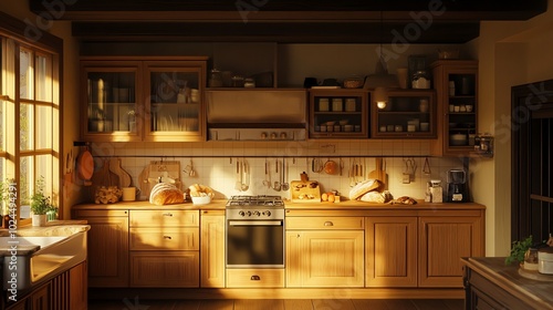 A warm and inviting kitchen with wooden cabinets, a window letting in sunlight, and bread on the counter.