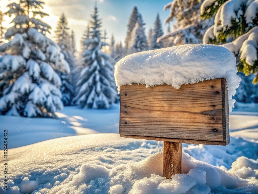 Naklejka premium A picturesque snowy landscape features a rustic wooden signboard, beautifully adorned in winter wonderland. Macro photography captures the serenity and delicate details of this enchanting scene.