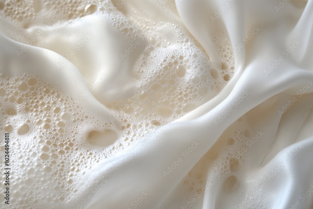 An abstract close-up of a white fabric submerged in soapy water, with bubbles forming An abstract close-up of a white fabric submerged in soapy water, with bubbles forming