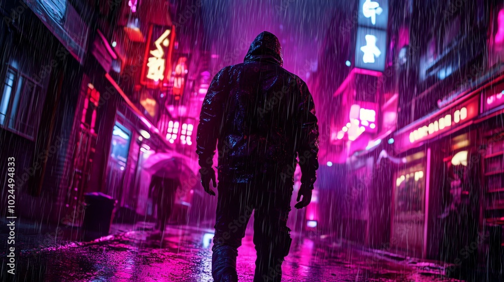 A lone figure in a hooded jacket walks away from the camera on a rain-soaked street in a city full of neon lights. A lone figure in a hooded jacket walks away from the camera on a rain-soaked street in a city full of neon lights.