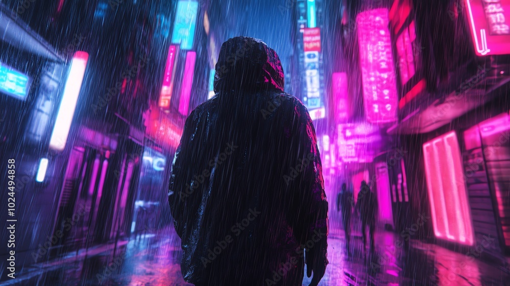 A hooded figure walks through a cyberpunk city street in the rain, bathed in neon light. A hooded figure walks through a cyberpunk city street in the rain, bathed in neon light.