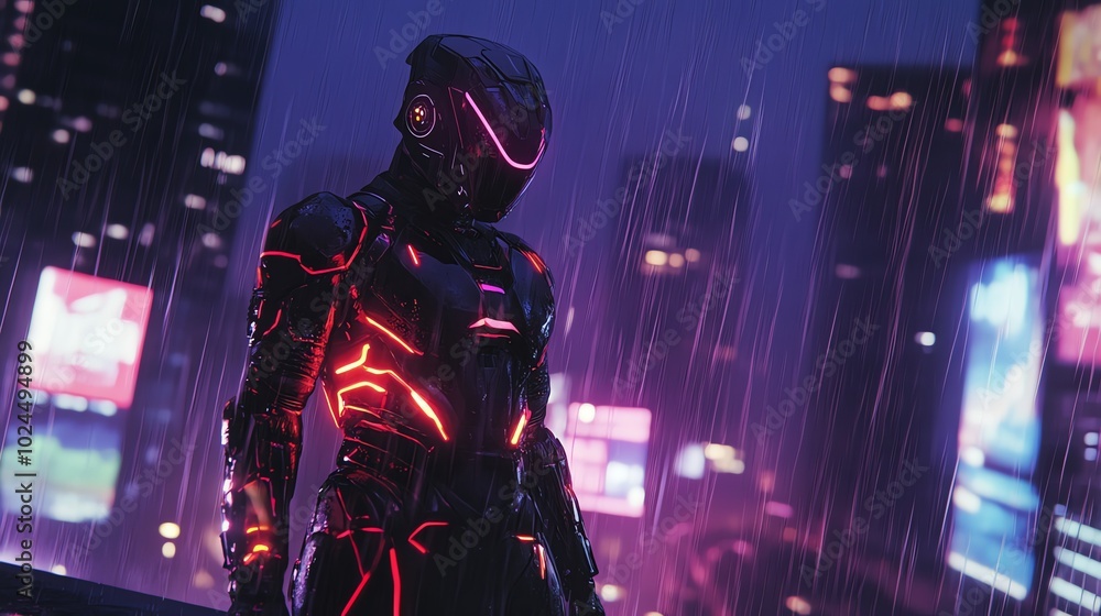 A futuristic cyborg stands in the rain in a cyberpunk city. A futuristic cyborg stands in the rain in a cyberpunk city.