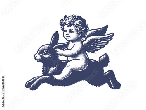 little baby angel cherub riding a rabbit. Old vintage engraving illustration. Hand drawn outline graphic. Logo, emblem, icon. Isolated object, cut out. 