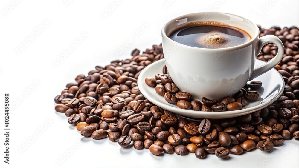 Macro shot of a cup of coffee and coffee beans isolated on white background Macro shot of a cup of coffee and coffee beans isolated on white background