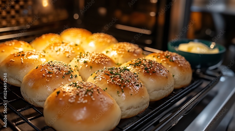 Oven a batch of soft fluffy bread rolls and a bowl of sesame seeds and melted butter on the side Oven a batch of soft fluffy bread rolls and a bowl of sesame seeds and melted butter on the side