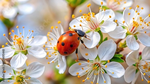 Macro shot of a Harlequin Ladybird on cherry plum flowers