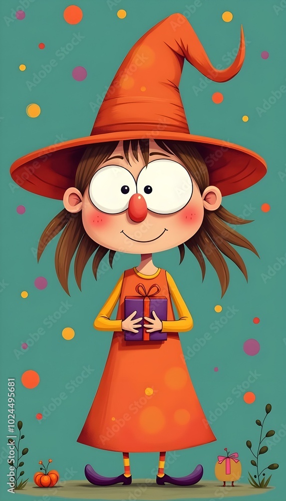 Smiling witch girl in an orange dress holding a gift box. Smiling witch girl in an orange dress holding a gift box.