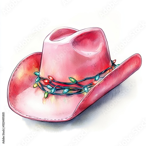 Pink cowboy hat with Christmas lights, A festive illustration of a pink cowboy hat decorated with colorful Christmas lights, blending holiday spirit with Western style.

