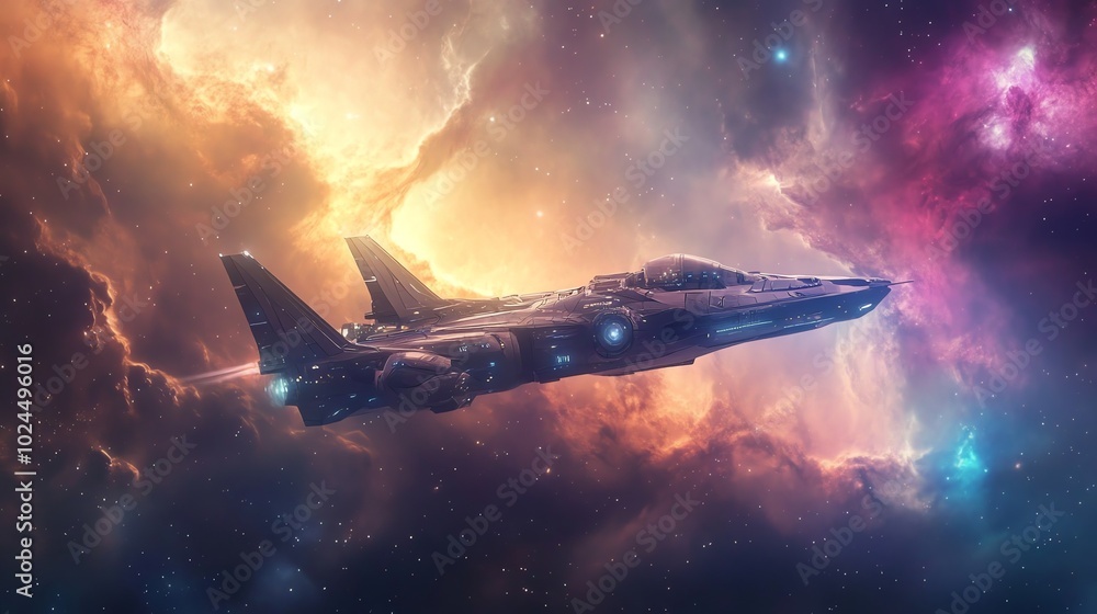 Futuristic spaceship flying through colorful nebula. Futuristic spaceship flying through colorful nebula.