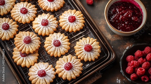 Oven a batch of sweet raspberry linzer cookies and a bowl of raspberry jam and powdered sugar on the side