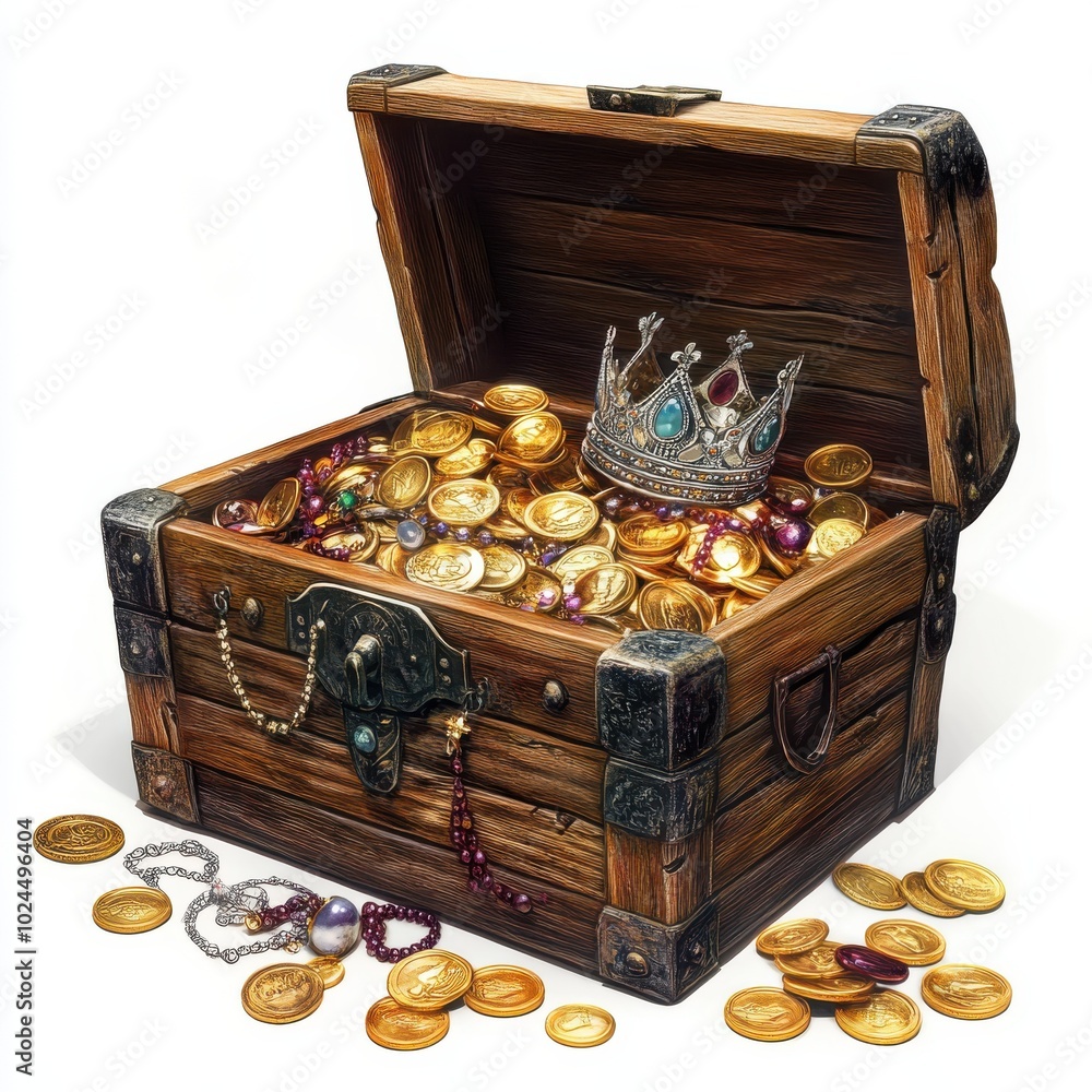An open wooden treasure chest overflowing with gold coins, jewelry, and ...