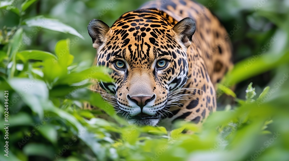 A jaguar stealthily moves through vibrant green foliage, gazing directly ahead with piercing eyes A jaguar stealthily moves through vibrant green foliage, gazing directly ahead with piercing eyes