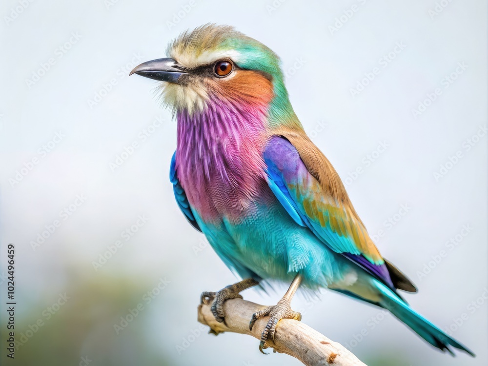 Fototapeta premium A stunning Lilac-breasted Roller perched gracefully against a white background, showcasing its colors and intricate details in high-depth-of-field photography. Nature's beauty captured perfectly.