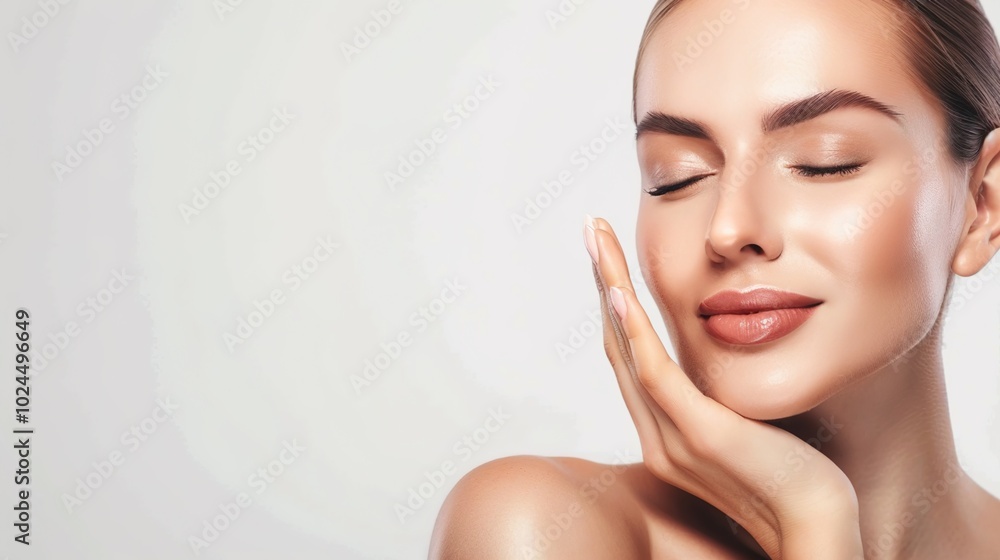skin care. Beautiful woman touching healthy facial skin portrait. Beautiful smiling Asian girl model with natural makeup, close-up on blue background, touching glowing hydrated skin skin care. Beautiful woman touching healthy facial skin portrait. Beautiful smiling Asian girl model with natural makeup, close-up on blue background, touching glowing hydrated skin
