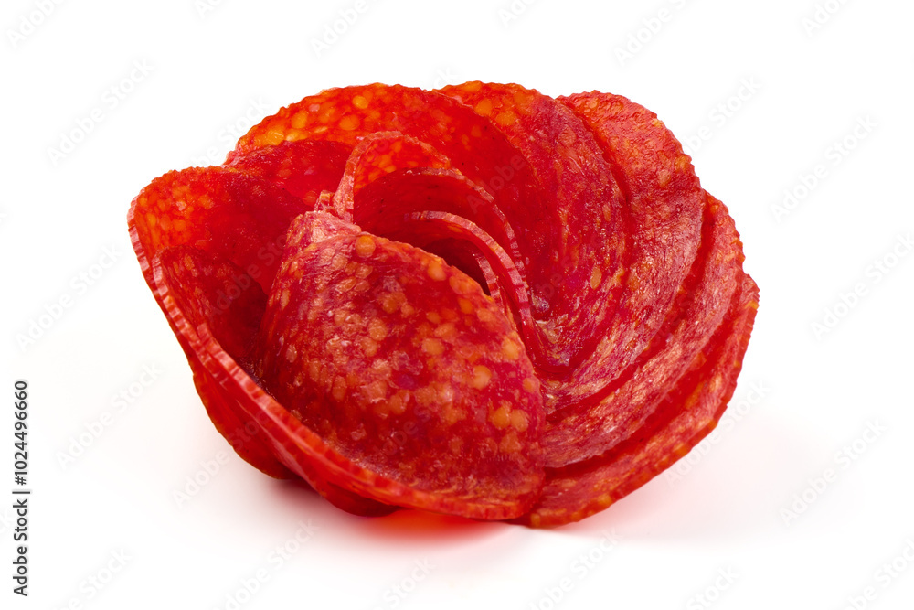 Obraz premium Chorizo sausage, Spanish salami, close-up, isolated on white background.