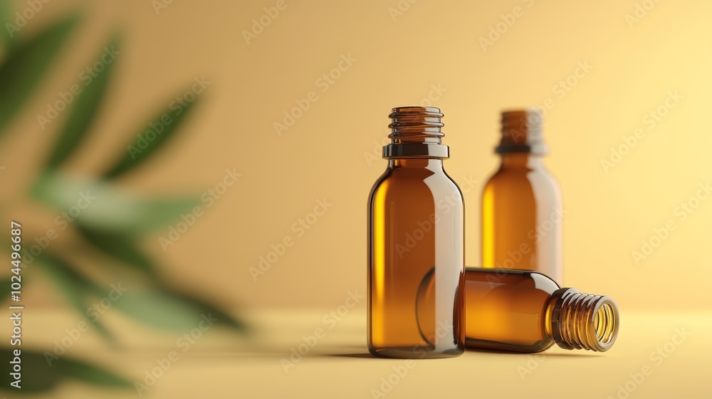 Two amber glass essential oil bottles resting on a rustic wooden table, evoking sense of tranquility and natural wellness Two amber glass essential oil bottles resting on a rustic wooden table, evoking sense of tranquility and natural wellness