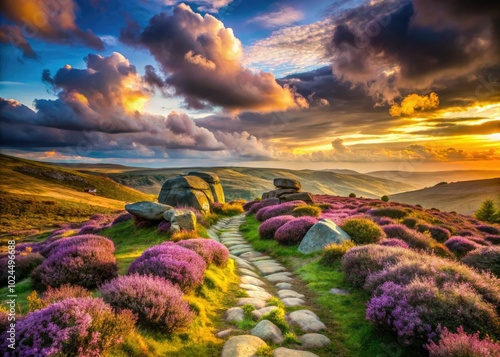 A surreal moorland landscape near Hebden Bridge captivates with dreamlike scenery, vibrant colors, and unique textures that evoke a sense of wonder and imagination. photo