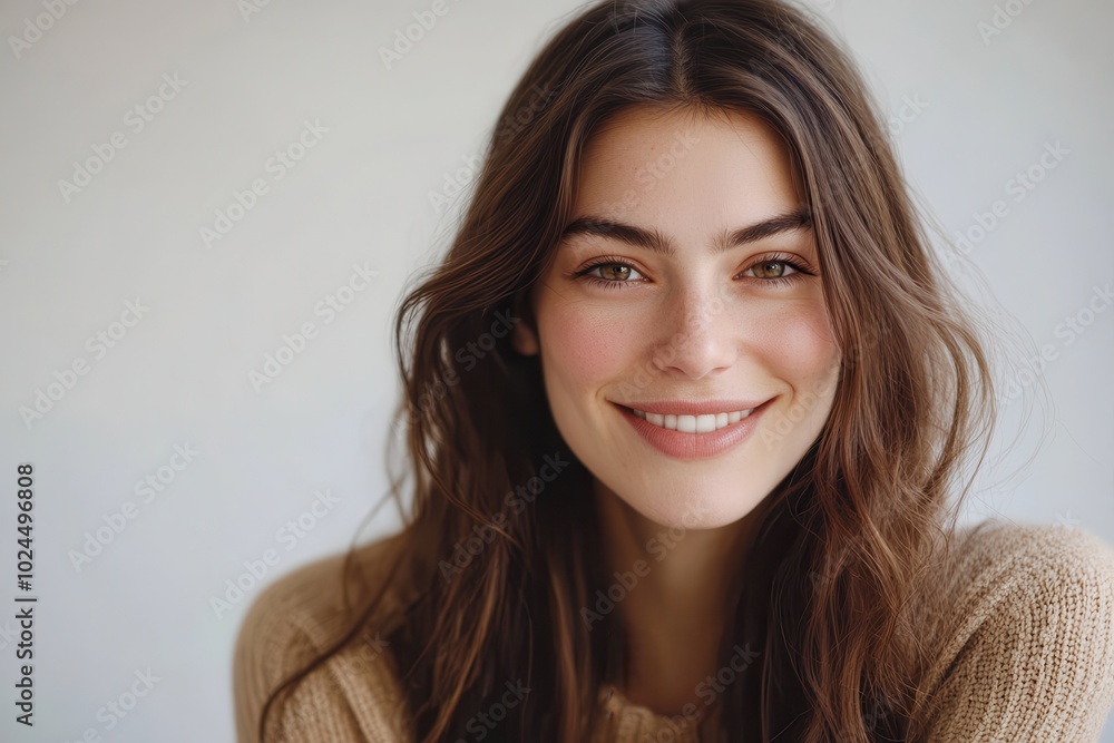 Naklejka premium Beautiful woman smiling, isolated on white background