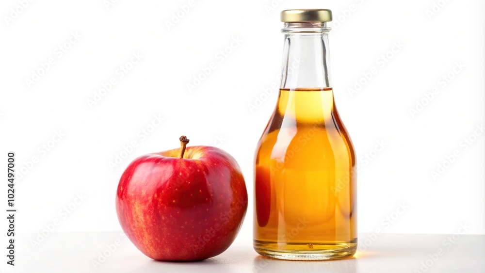 Macro shot of apple cider vinegar bottle with an apple isolated on white background Macro shot of apple cider vinegar bottle with an apple isolated on white background