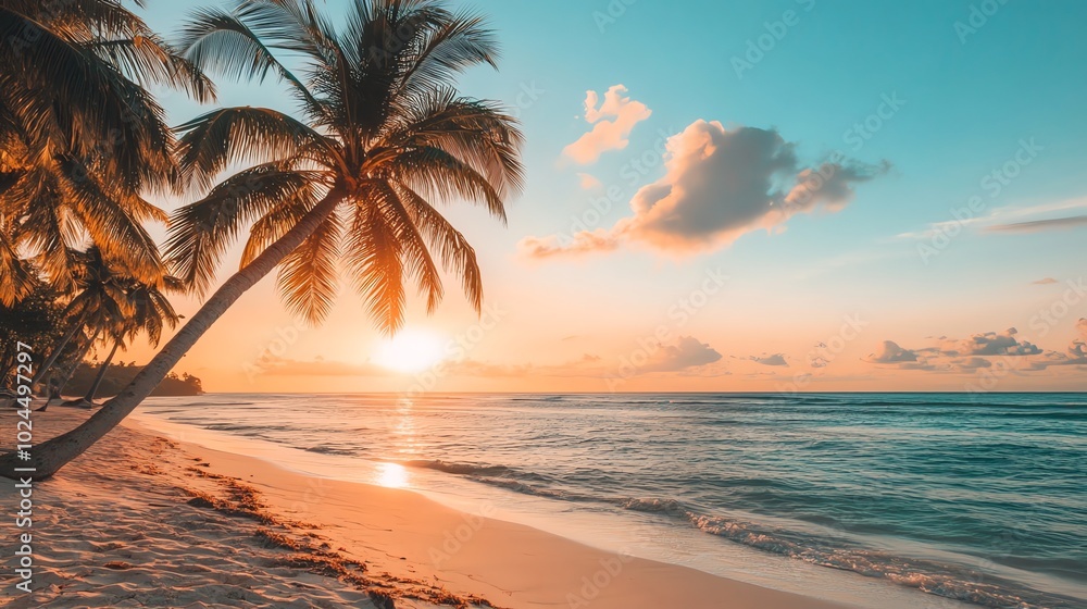 Fototapeta premium A serene tropical sunset over a pristine beach with swaying palm trees.