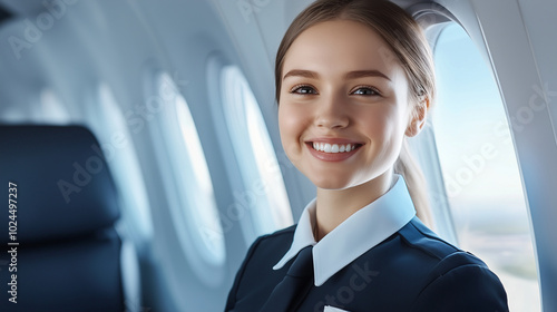 Young girl in a flight attendant uniform, standing beside an airplane window.