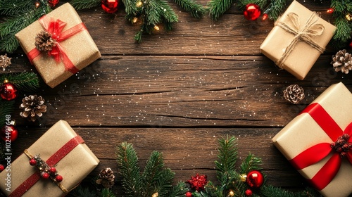 festive christmas wreath adorned with ornaments, lights, and presents, capturing the holiday spirit photo