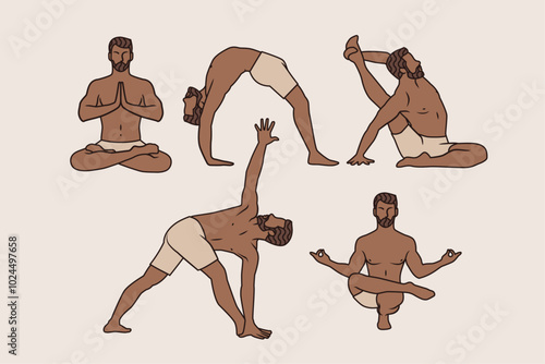Set of black men practicing yoga pose, asana. Healthy and fitness stretching.
