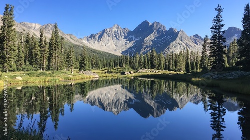 Mountain lake reflection in a clear blue sky.