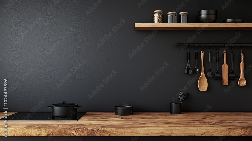 Obraz premium Kitchen interior with black walls, wooden countertops and wooden shelves with cooking utensils