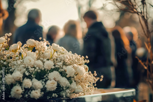 Flowers adorn a casket during a somber funeral as family and friends gather in a tranquil outdoor setting in the late afternoon