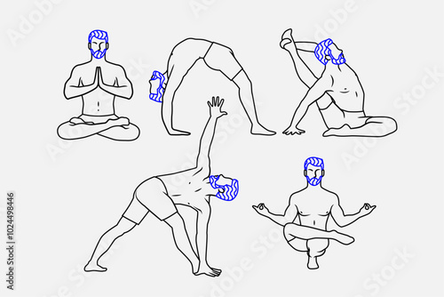 Set of  men practicing yoga pose, asana. Healthy and fitness stretching.