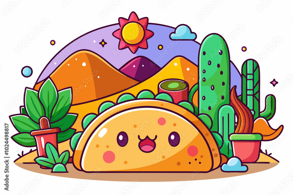 National taco day adventure: cute taco illustration with cactus and desert scenery National taco day adventure: cute taco illustration with cactus and desert scenery