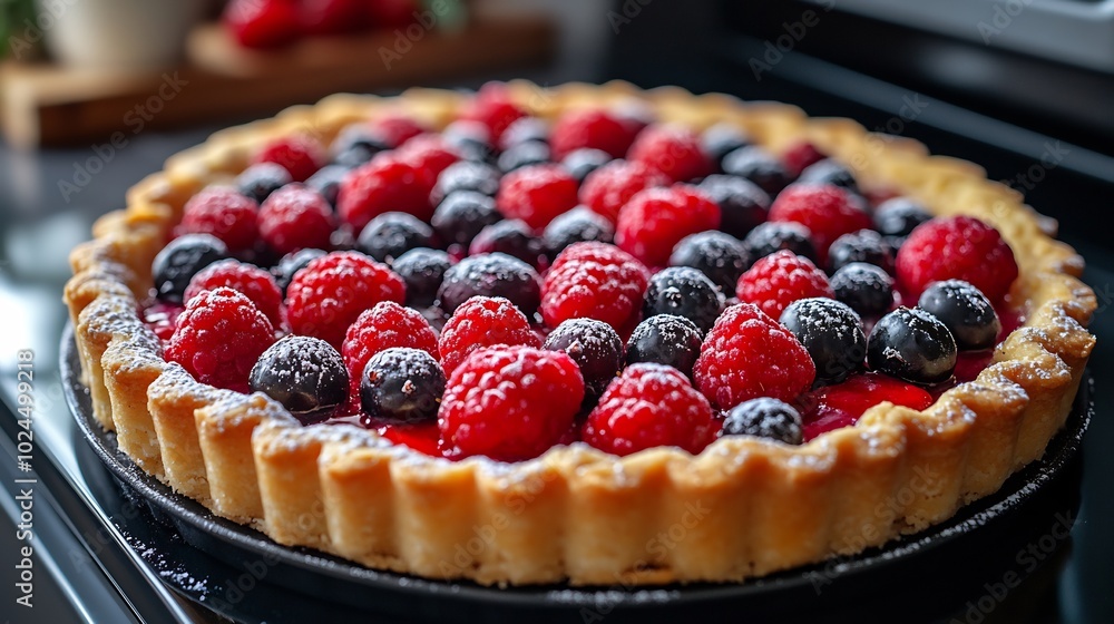 Perfect fruit tart baking fresh berries and powdered sugar nearby Perfect fruit tart baking fresh berries and powdered sugar nearby