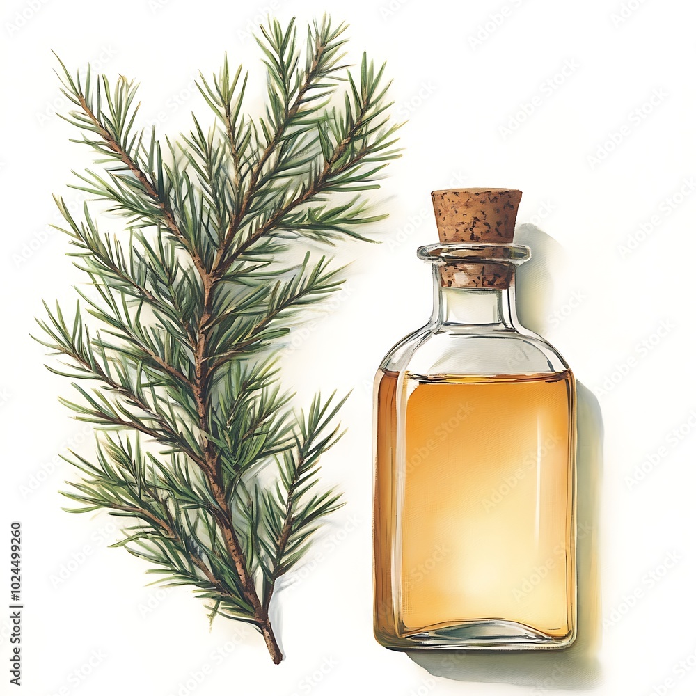 Pine Needle Essential Oil in a Glass Bottle with Cork Top. Pine Needle Essential Oil in a Glass Bottle with Cork Top.