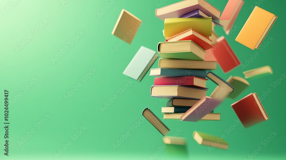 Fototapeta premium A colorful stack of books floats in the air against a green background.
