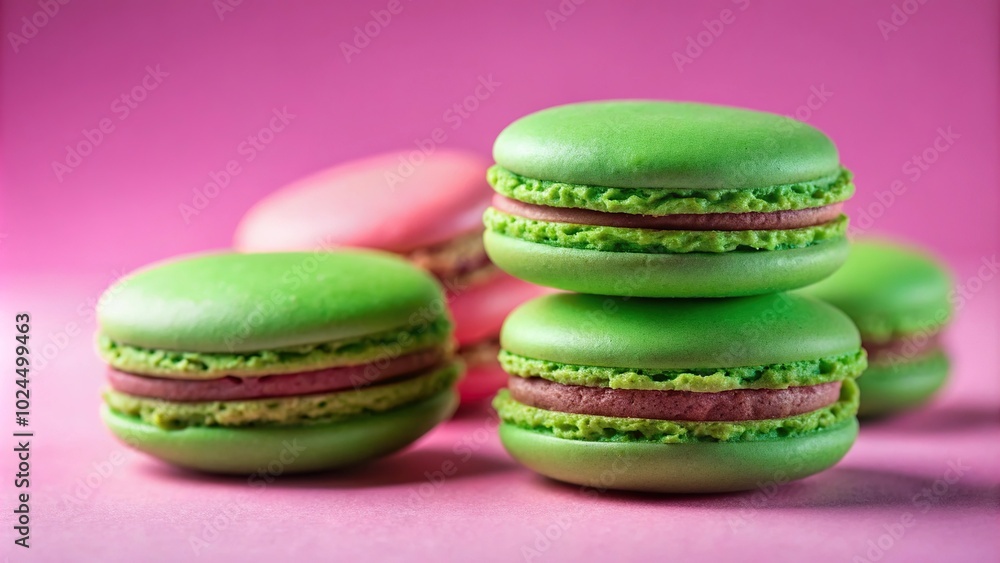 Macro shot of green and pink macarons on pink background Macro shot of green and pink macarons on pink background