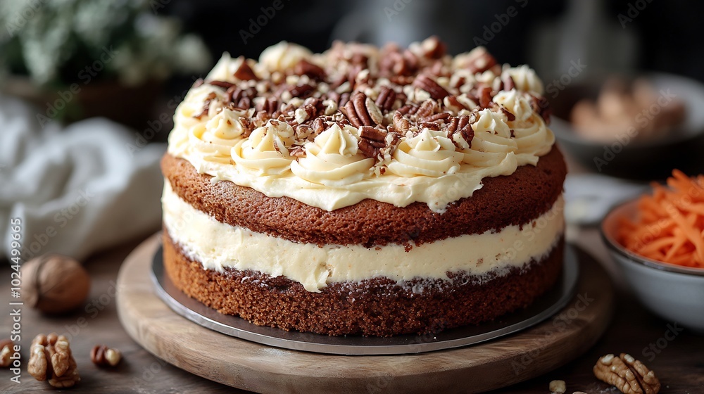 Oven a perfectly baked carrot cake with cream cheese frosting and a bowl of shredded carrots and nuts beside it Oven a perfectly baked carrot cake with cream cheese frosting and a bowl of shredded carrots and nuts beside it