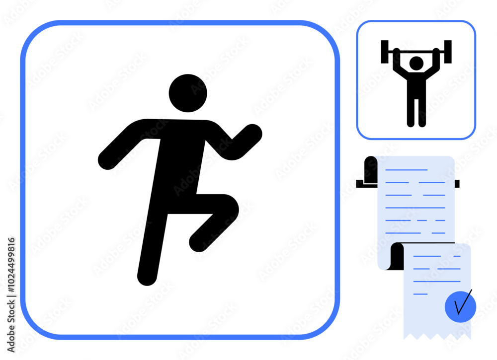 Black stick figure running with weightlifting icon and checklist symbol. Ideal for fitness, health, exercise, workout routines, and organization. Simple and modern style Black stick figure running with weightlifting icon and checklist symbol. Ideal for fitness, health, exercise, workout routines, and organization. Simple and modern style