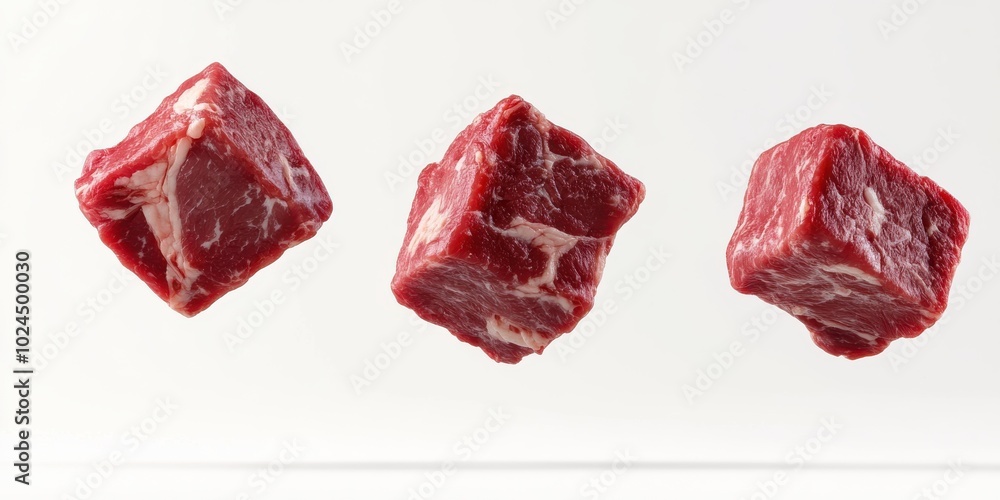 Cubes of raw beef meat floating in mid air isolated on white background Cubes of raw beef meat floating in mid air isolated on white background