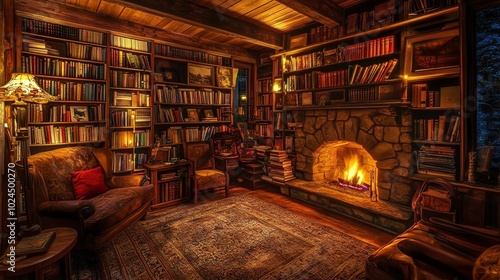 A cozy library with a fireplace, bookshelves, and comfortable seating.