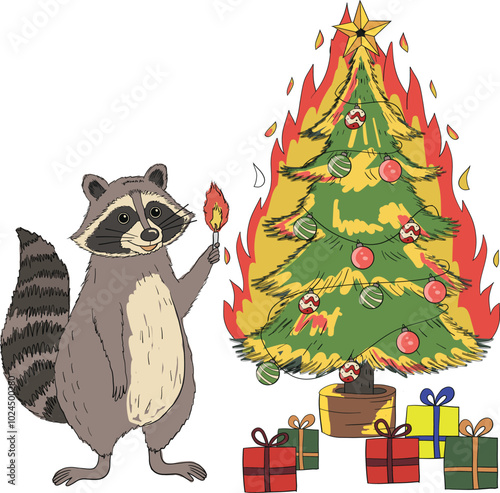 Raccoon burning a Christmas tree Art & Illustration