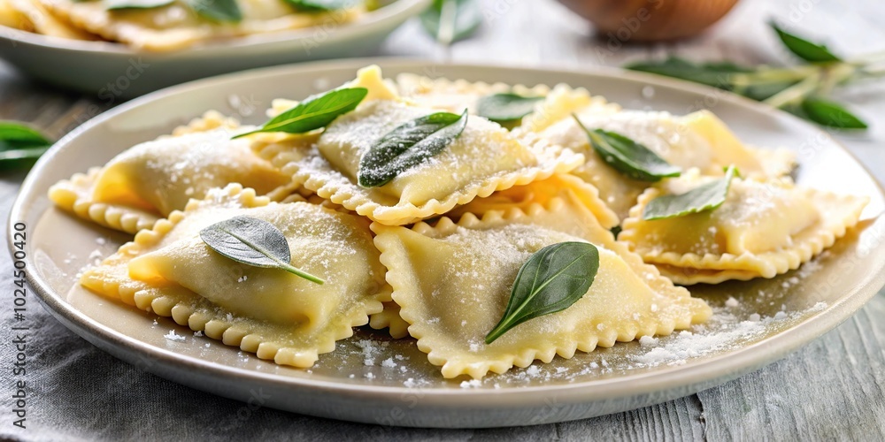 Macro shot of Italian cuisine ravioli pasta with parmesan cheese and sage Macro shot of Italian cuisine ravioli pasta with parmesan cheese and sage