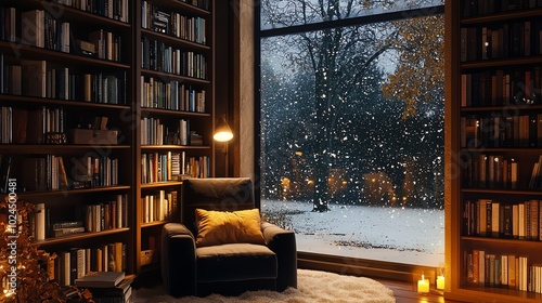 Cozy library with large window and armchair looking out at snowy winter scene.