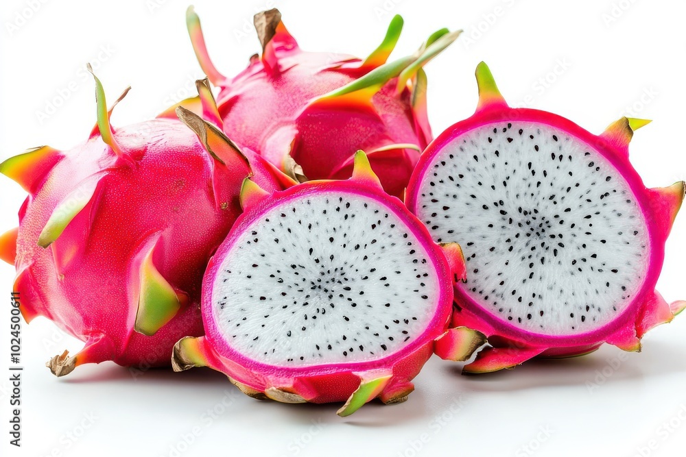 Delicious cut and whole dragon fruits (pitahaya) isolated on white background Delicious cut and whole dragon fruits (pitahaya) isolated on white background