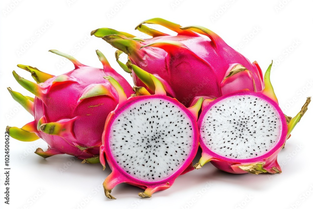 Delicious cut and whole dragon fruits (pitahaya) isolated on white background Delicious cut and whole dragon fruits (pitahaya) isolated on white background